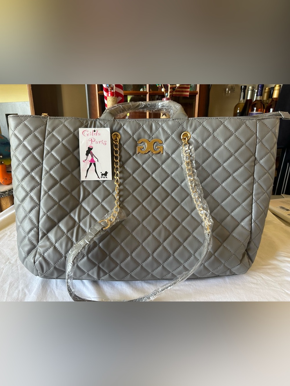 Gilda Paris Quilted Large Tote Bag Grey Stylish Carryall New with Tags - Picture 4 of 12